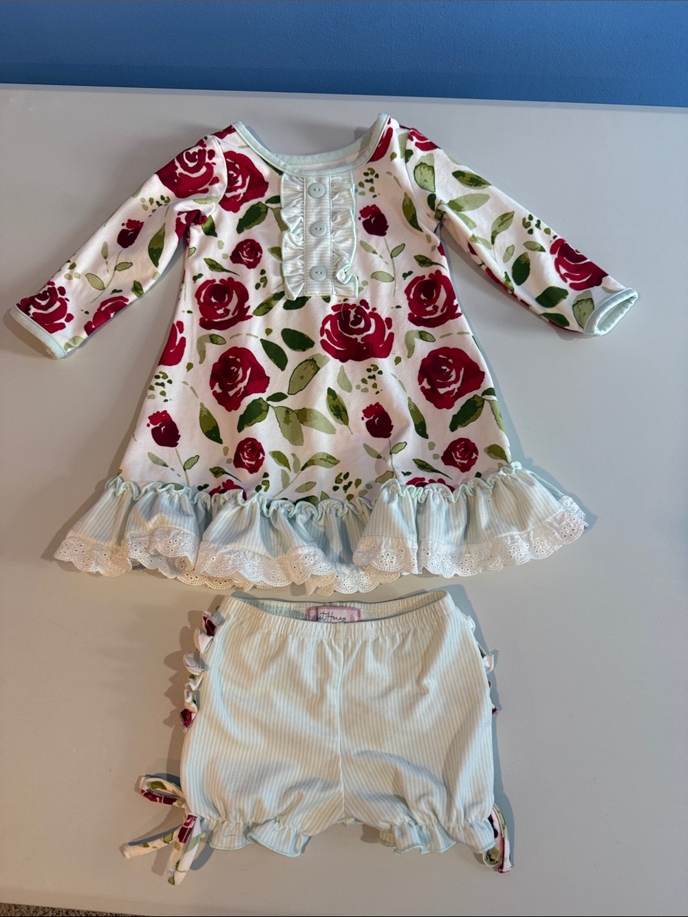 SweetHoney Floral Ruffle Dress and Bloomers White and Red Rose Print 12 Months